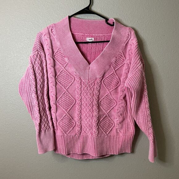 aerie Tops - Aerie Pink Cable Knit Sweater Small Oversized V Neck Chunky Cottagecore